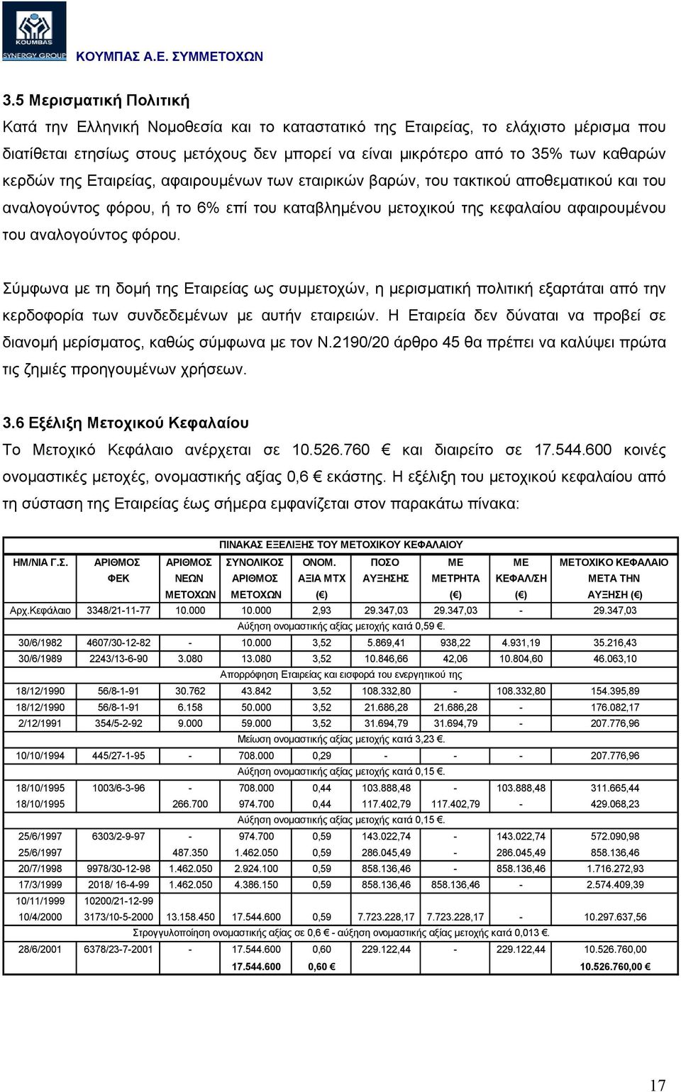 Σύµφωνα µε τη δοµή της Εταιρείας ως συµµετοχών, η µερισµατική πολιτική εξαρτάται από την κερδοφορία των συνδεδεµένων µε αυτήν εταιρειών.