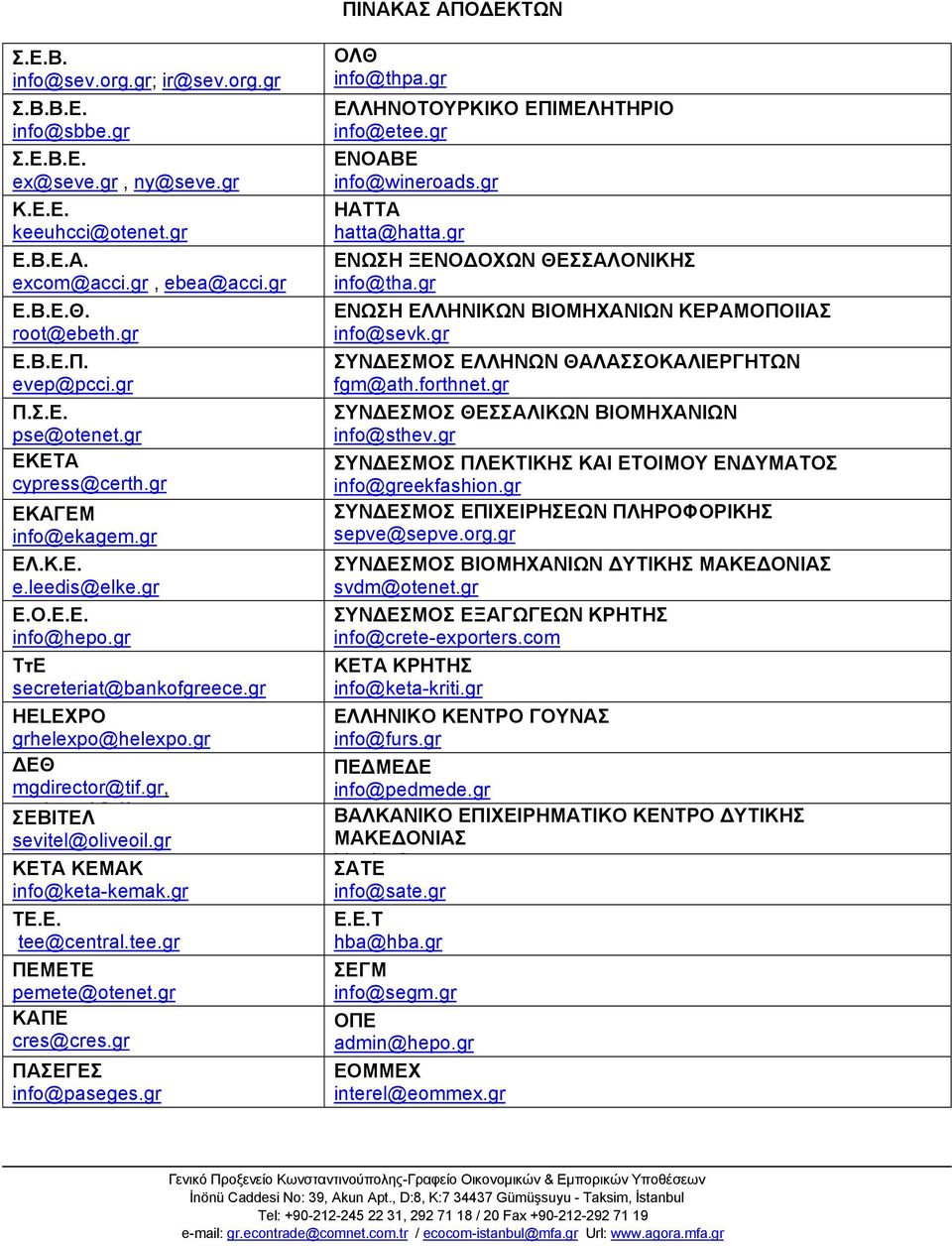 gr, ΣΕΒΙΤΕΛ b d@ if sevitel@oliveoil.gr KETA KEMAK info@keta-kemak.gr ΤΕ.Ε. tee@central.tee.gr ΠΕΜΕΤΕ pemete@ote.gr ΚΑΠΕ cres@cres.gr ΠAΣΕΓΕΣ info@paseges.gr ΟΛΘ info@thpa.
