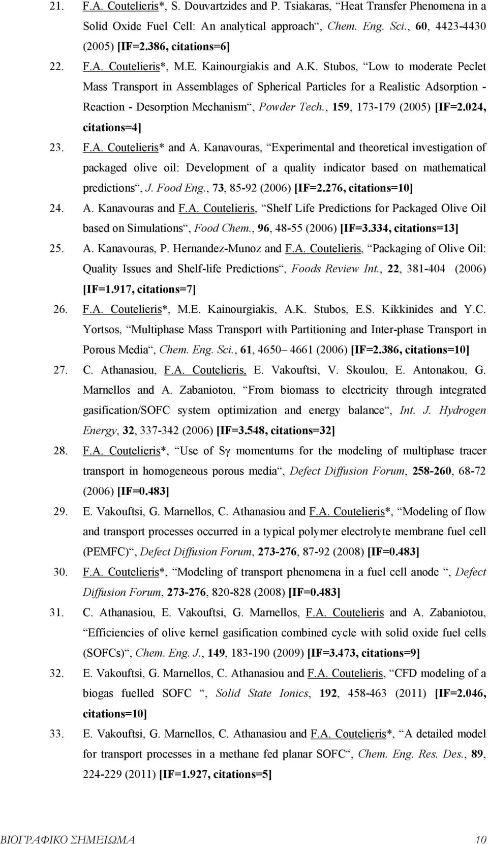 , 159, 173-179 (2005) [IF=2.024, citations=4] 23. F.A. Coutelieris* and A.