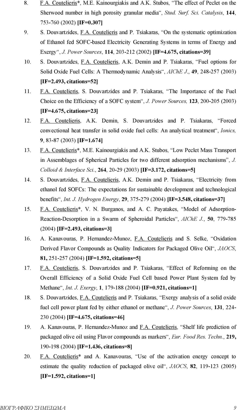 675, citations=39] 10. S. Douvartzides, F.A. Coutelieris, A.K. Demin and P. Tsiakaras, Fuel options for Solid Oxide Fuel Cells: A Thermodynamic Analysis, AIChE J., 49, 248-257 (2003) [IF=2.