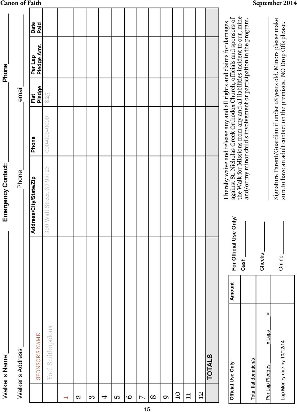 Date Paid 1 2 3 4 5 6 7 8 9 10 11 12 TOTALS Official Use Only Amount Total flat donation/s For Official Use Only/ Cash I hereby waive and release any and all rights and claims for damages against St.