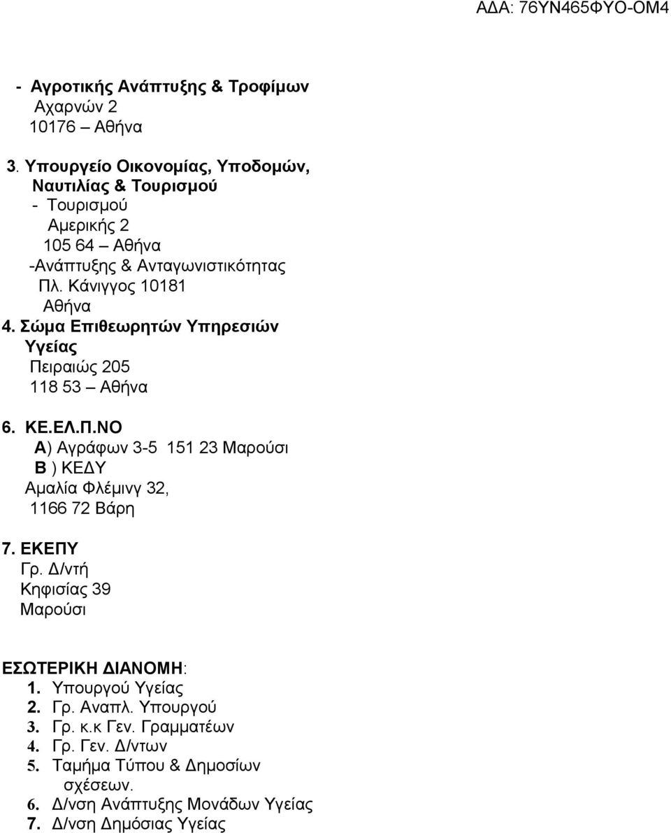 Σώμα Eπιθεωρητών Υπηρεσιών Υγείας Πειραιώς 205 118 53 Aθήνα 6. ΚΕ.ΕΛ.Π.ΝΟ Α) Αγράφων 3-5 151 23 Μαρούσι Β ) ΚΕΔΥ Αμαλία Φλέμινγ 32, 1166 72 Βάρη 7.