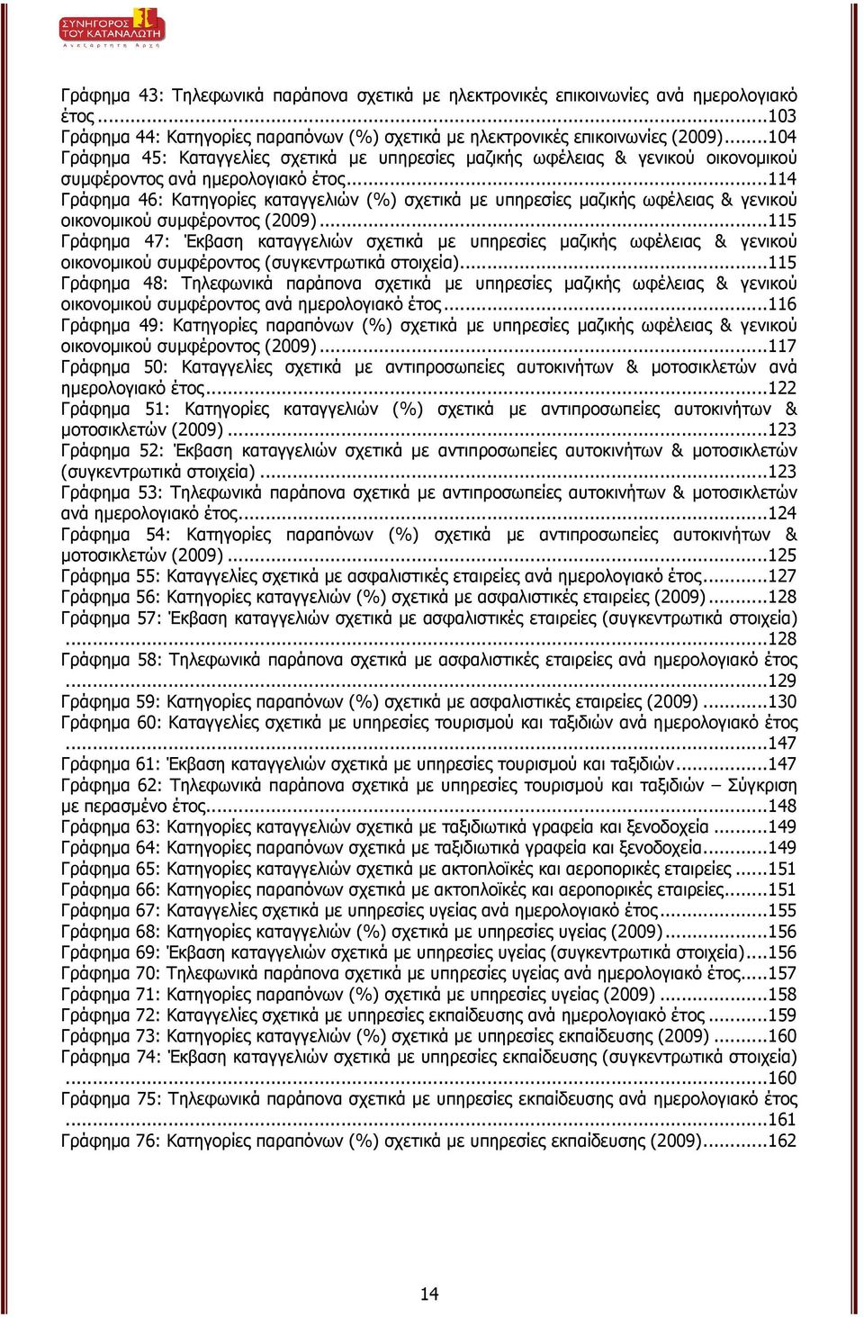 ..114 Γράφηµα 46: Κατηγορίες καταγγελιών (%) σχετικά µε υπηρεσίες µαζικής ωφέλειας & γενικού οικονοµικού συµφέροντος (2009).