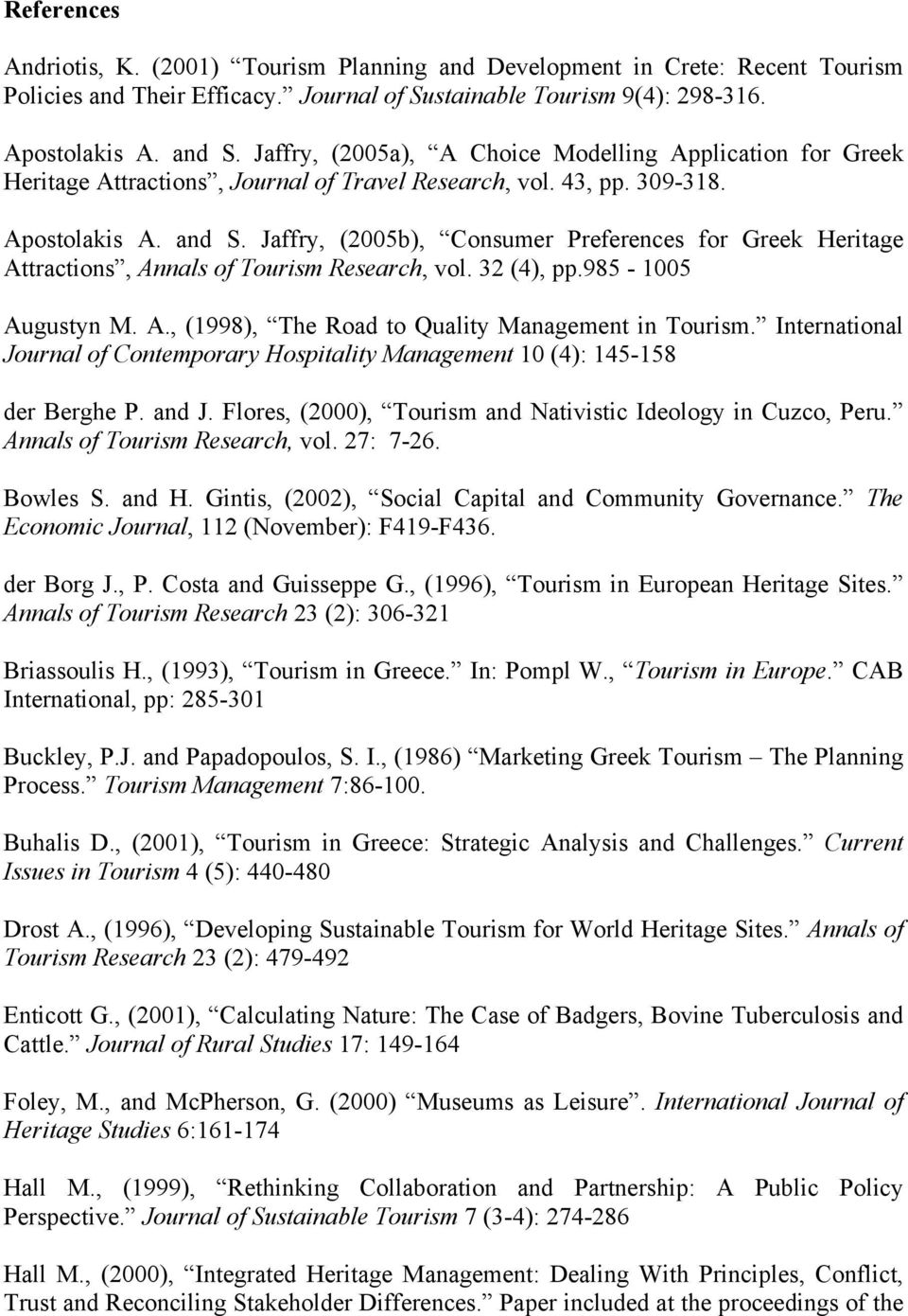 Jaffry, (2005b), Consumer Preferences for Greek Heritage Attractions, Annals of Tourism Research, vol. 32 (4), pp.985-1005 Augustyn M. A., (1998), The Road to Quality Management in Tourism.