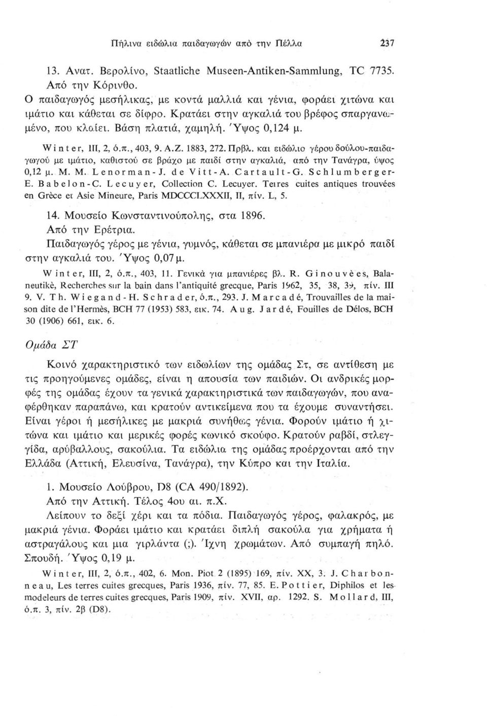 Winter, III, 2, ό.π., 403, 9. Α.Ζ. 1883, 272. Πρβλ. και ειδώλιο γέρου δούλου-παιδαγωγού με ιμάτιο, καθιστού σε βράχο με παιδί στην αγκαλιά, από την Τανάγρα, ύψος 0,12 μ. Μ. Μ. Lenorman-J. de Vitt-A.