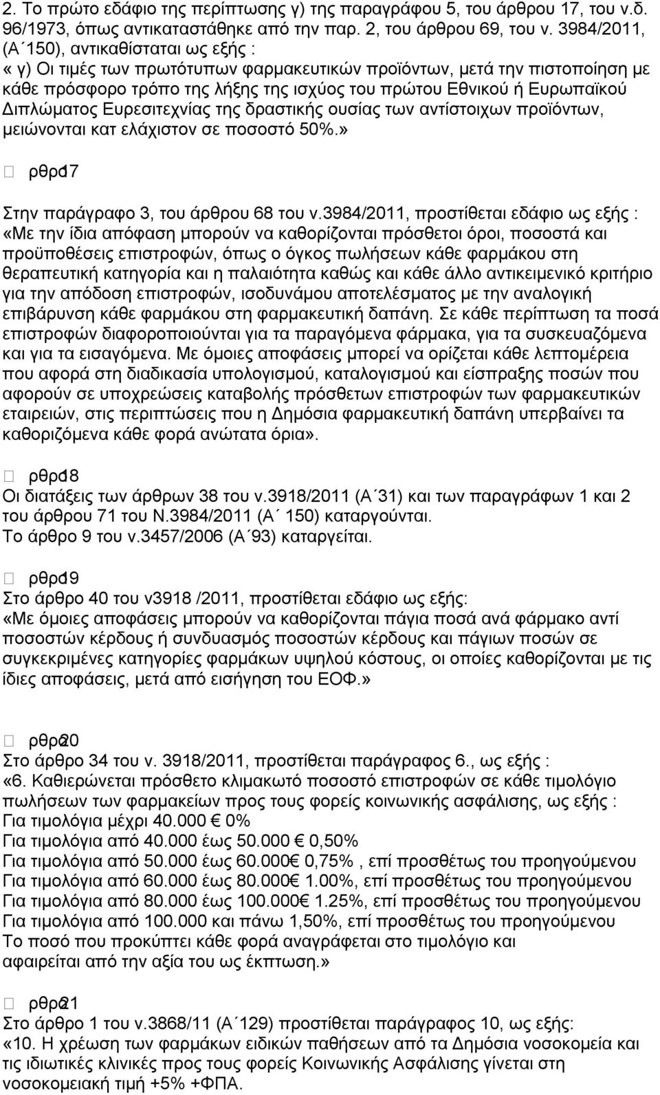 Διπλώματος Ευρεσιτεχνίας της δραστικής ουσίας των αντίστοιχων προϊόντων, μειώνονται κατ ελάχιστον σε ποσοστό 50%.» ʼ ρθρο17 Στην παράγραφο 3, του άρθρου 68 του ν.