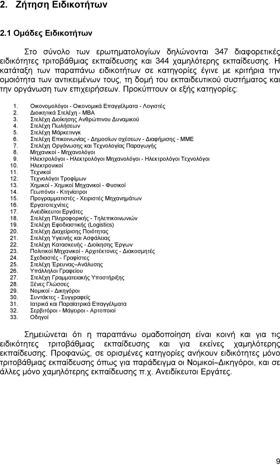 Προκύπτουν οι εξής κατηγορίες: 1. Οικονοµολόγοι - Οικονοµικά Επαγγέλµατα - Λογιστές 2. ιοικητικά Στελέχη - ΜΒΑ 3. Στελέχη ιοίκησης Ανθρώπινου υναµικού 4. Στελέχη Πωλήσεων 5. Στελέχη Μάρκετινγκ 6.