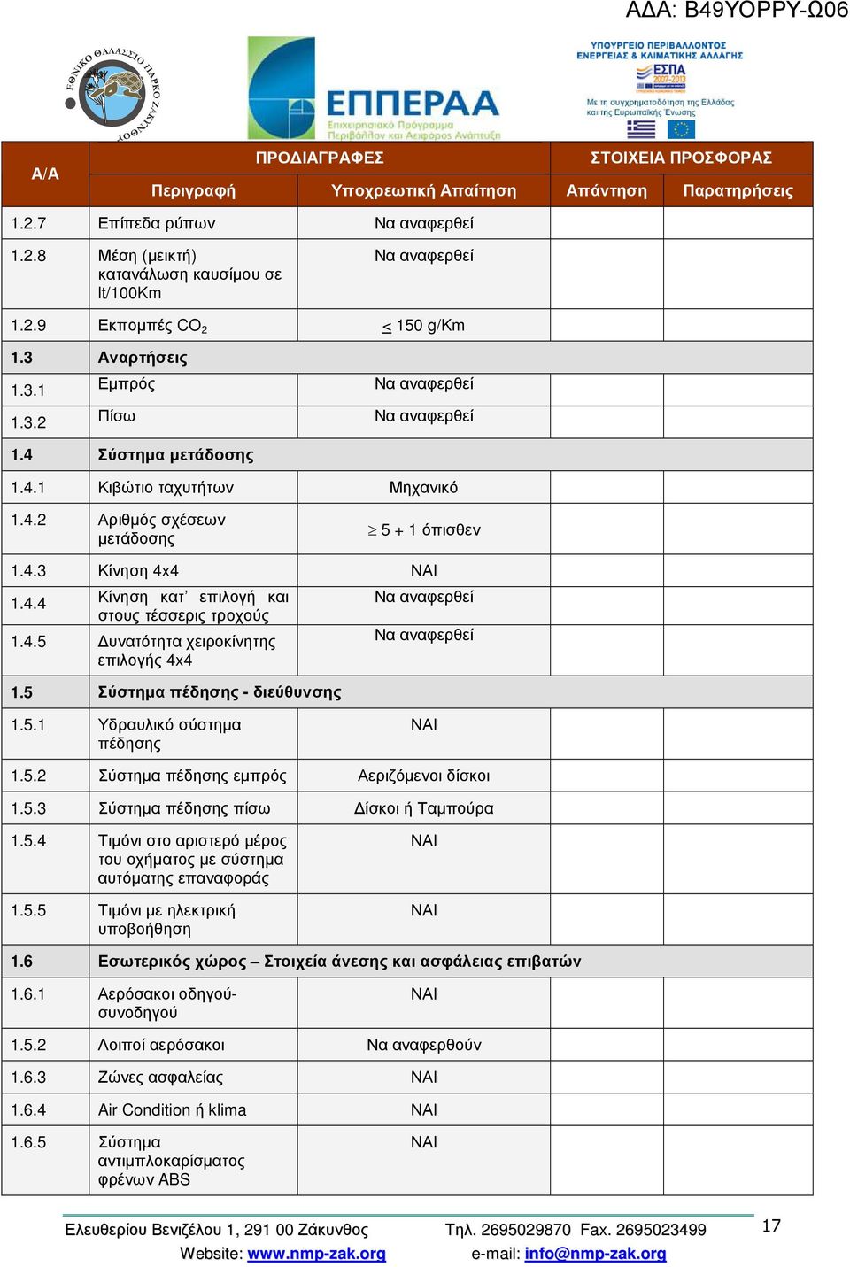 4.5 υνατότητα χειροκίνητης επιλογής 4x4 1.5 Σύστηµα πέδησης - διεύθυνσης Να αναφερθεί Να αναφερθεί 1.5.1 Υδραυλικό σύστηµα πέδησης ΝΑΙ 1.5.2 Σύστηµα πέδησης εµπρός Αεριζόµενοι δίσκοι 1.5.3 Σύστηµα πέδησης πίσω ίσκοι ή Ταµπούρα 1.