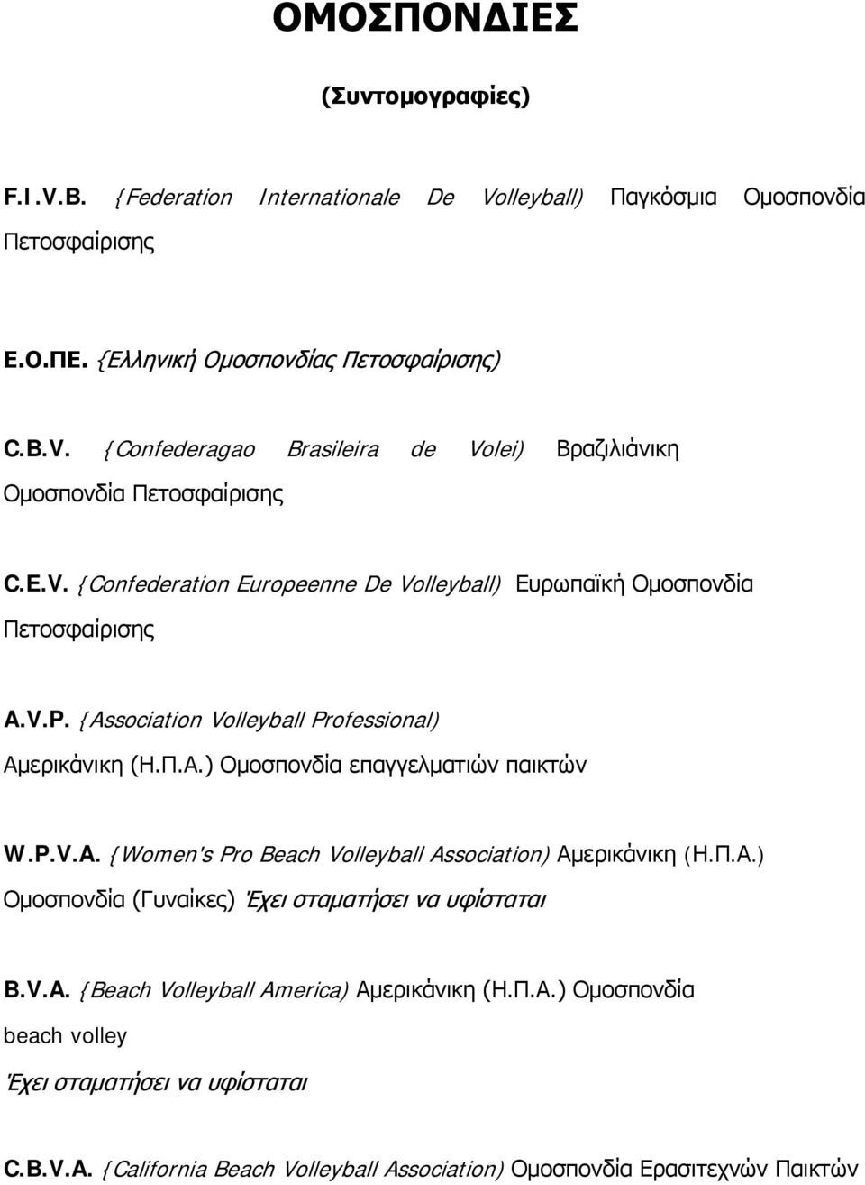 Π.Α.) Ομοσπονδία (Γυναίκες) Έχει σταματήσει να υφίσταται B.V.A. {Beach Volleyball America) Αμερικάνικη (Η.Π.Α.) Ομοσπονδία beach volley Έχει σταματήσει να υφίσταται C.B.V.A. {California Beach Volleyball Association) Ομοσπονδία Ερασιτεχνών Παικτών