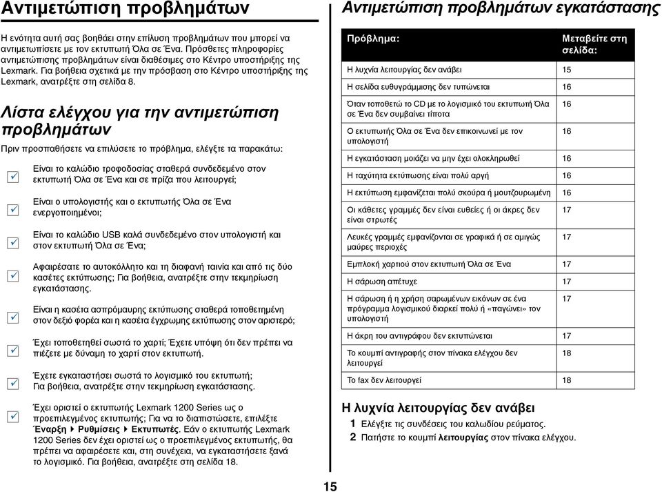 Λίστα ελέγχου για την αντιμετώπιση προβλημάτων Πριν προσπαθήσετε να επιλύσετε το πρόβλημα, ελέγξτε τα παρακάτω: Είναι το καλώδιο τροφοδοσίας σταθερά συνδεδεμένο στον εκτυπωτή Όλα σε Ένα και σε πρίζα