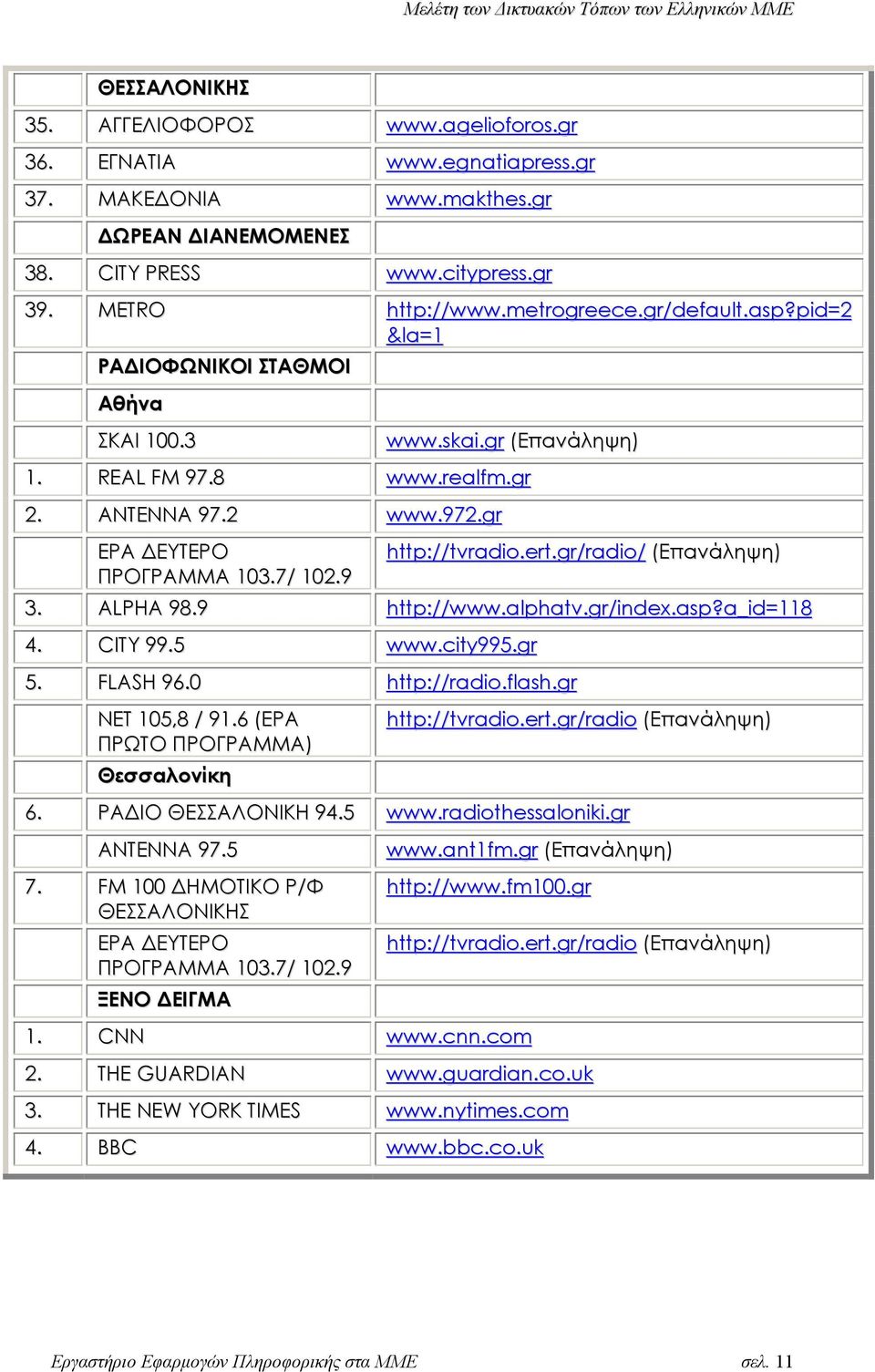 gr/radio/ (Επανάληψη). ALPHA 98.9 http://www.alphatv.gr/index.asp?a_id=118 4. CITY 99.5 www.city995.gr 5. FLASH 96.0 http://radio.flash.gr NET 105,8 / 91.