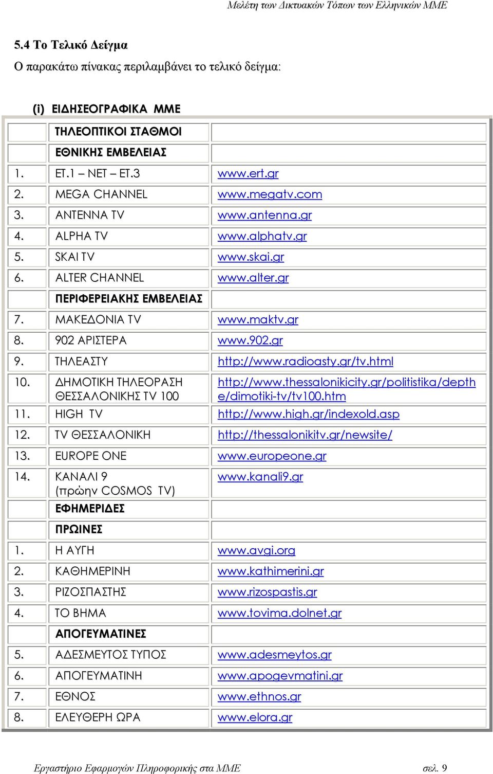 ΤΗΛΕΑΣΤΥ http://www.radioasty.gr/tv.html 10. ΗΜΟΤΙΚΗ ΤΗΛΕΟΡΑΣΗ ΘΕΣΣΑΛΟΝΙΚΗΣ TV 100 http://www.thessalonikicity.gr/politistika/depth e/dimotiki-tv/tv100.htm 11. HIGH TV http://www.high.gr/indexold.