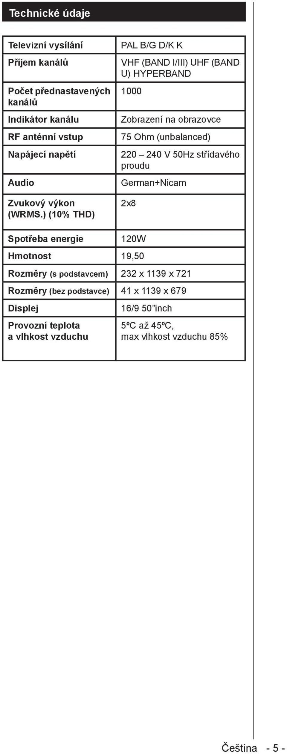 ) (10% THD) PAL B/G D/K K VHF (BAND I/III) UHF (BAND U) HYPERBAND 1000 Zobrazení na obrazovce 75 Ohm (unbalanced) 220 240 V 50Hz