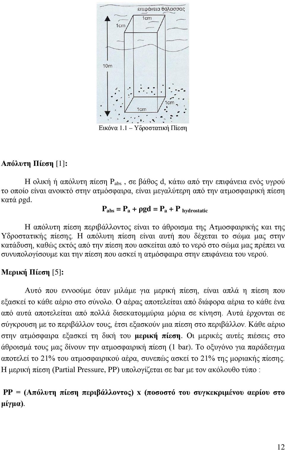 κατά ρgd. P abs = P a + ρgd = P a + P hydrostatic Η απόλυτη πίεση περιβάλλοντος είναι το άθροισμα της Ατμοσφαιρικής και της Υδροστατικής πίεσης.