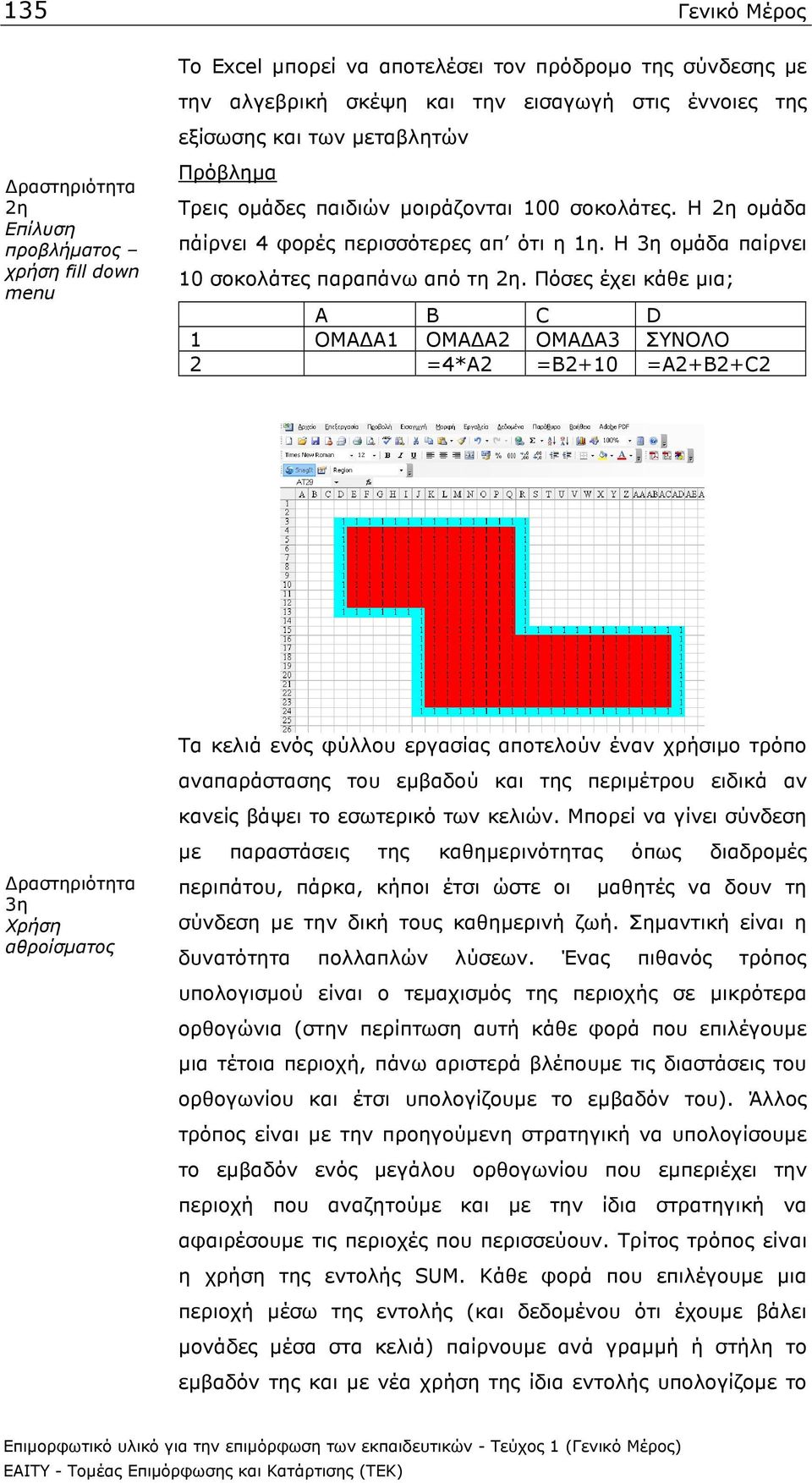 Πόσες έχει κάθε µια; Α B C D 1 ΟΜΑ Α1 ΟΜΑ Α2 ΟΜΑ Α3 ΣΥΝΟΛΟ 2 =4*Α2 =Β2+10 =Α2+Β2+C2 Τα κελιά ενός φύλλου εργασίας αποτελούν έναν χρήσιµο τρόπο αναπαράστασης του εµβαδού και της περιµέτρου ειδικά αν