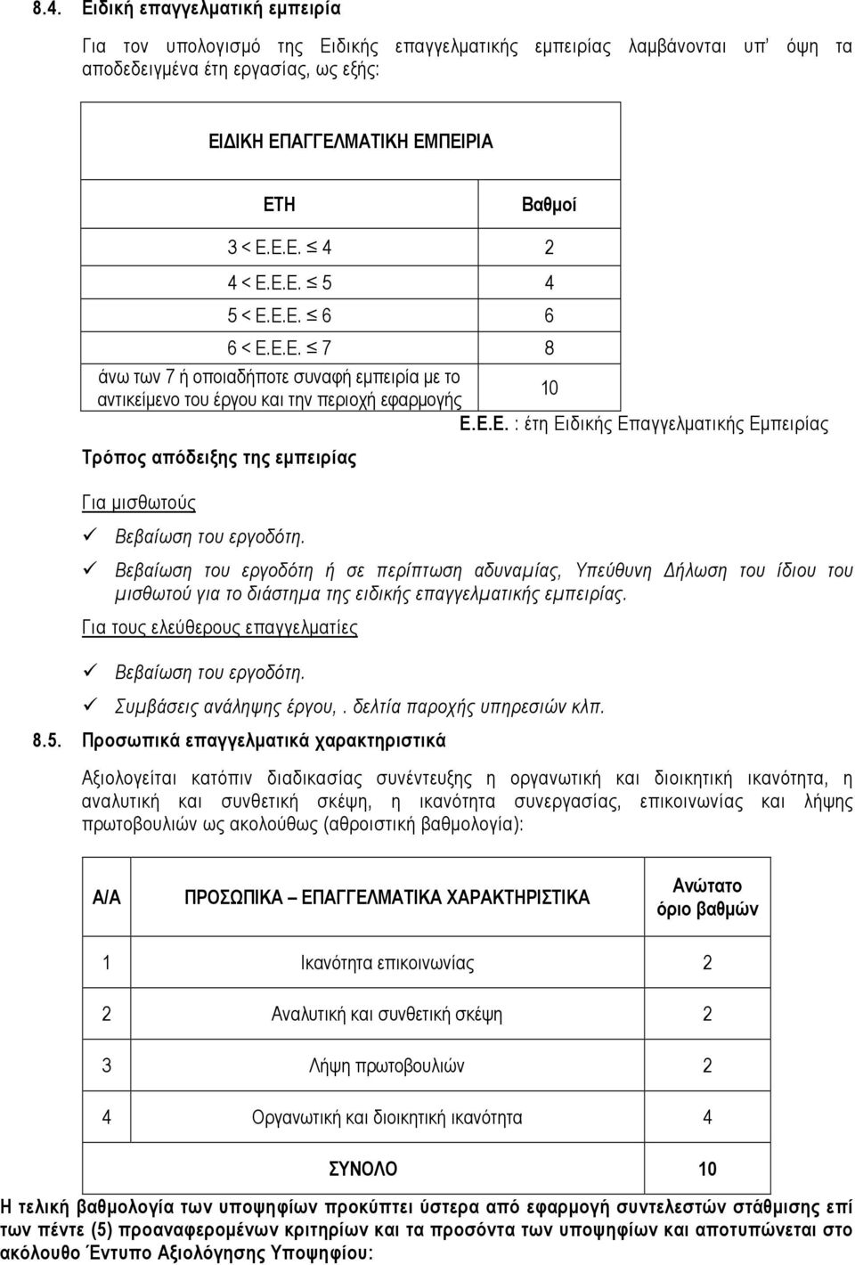 Βεβαίωση του εργοδότη ή σε περίπτωση αδυναµίας, Υπεύθυνη ήλωση του ίδιου του µισθωτού για το διάστηµα της ειδικής επαγγελµατικής εµπειρίας. Για τους ελεύθερους επαγγελµατίες Βεβαίωση του εργοδότη.