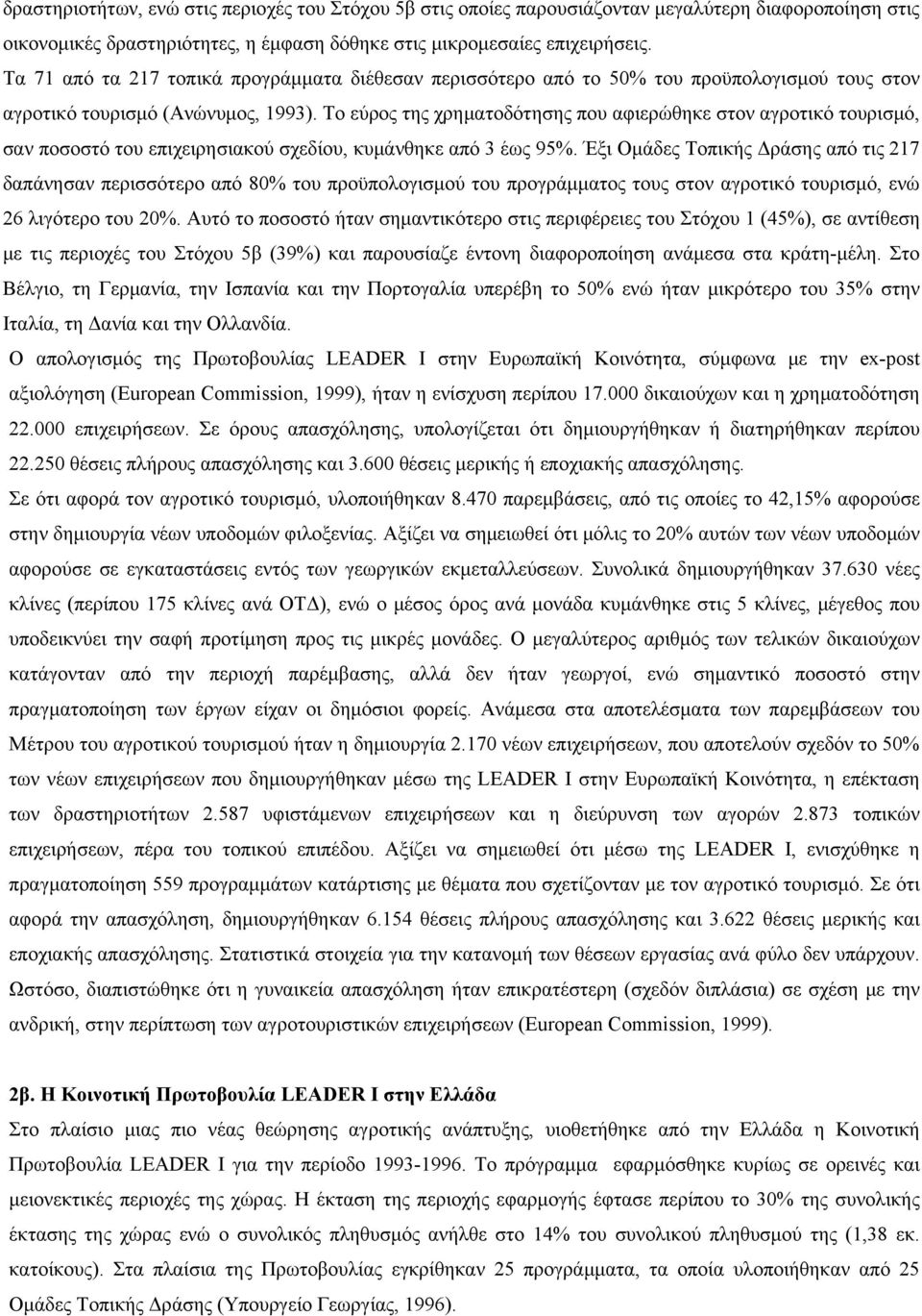 Το εύρος της χρηματοδότησης που αφιερώθηκε στον αγροτικό τουρισμό, σαν ποσοστό του επιχειρησιακού σχεδίου, κυμάνθηκε από 3 έως 95%.