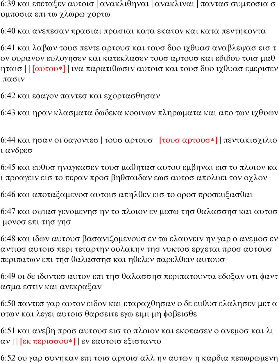 εχορτασθησαν 6:43 και ηραν κλασματα δωδεκα κοφινων πληρωματα και απο των ιχθυων 6:44 και ησαν οι φαγοντεσ τουσ αρτουσ [τουσ αρτουσ ] πεντακισχιλιο ι ανδρεσ 6:45 και ευθυσ ηναγκασεν τουσ μαθητασ αυτου