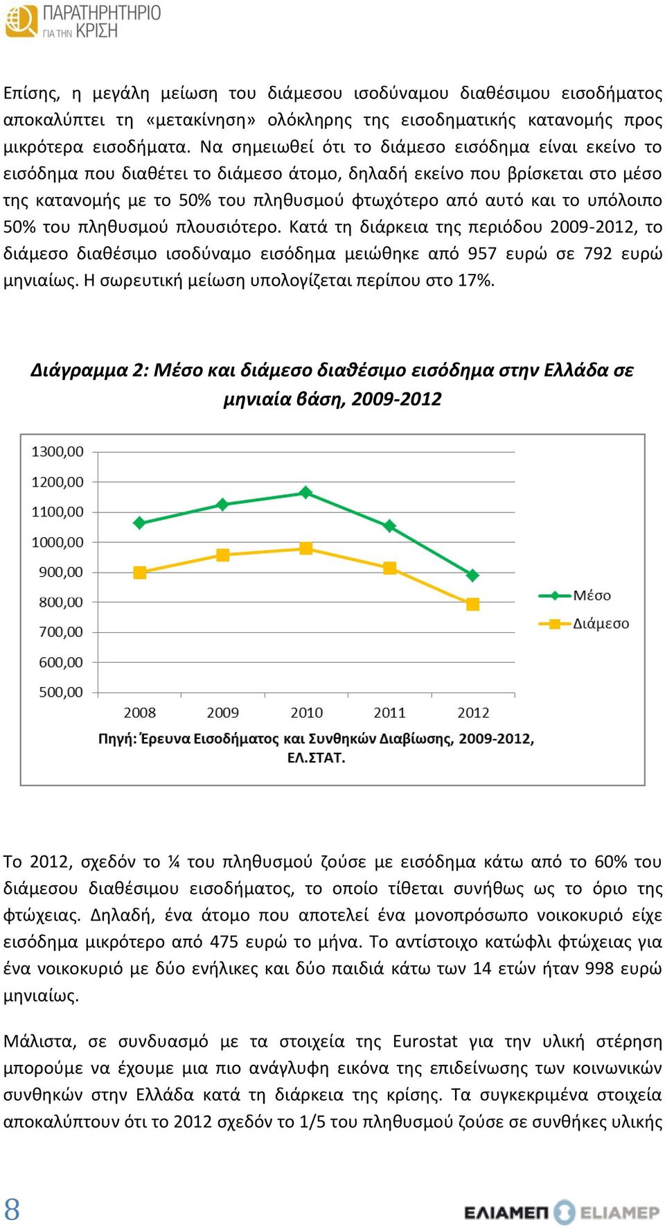 υπόλοιπο 50% του πληθυσμού πλουσιότερο. Κατά τη διάρκεια της περιόδου 2009-2012, το διάμεσο διαθέσιμο ισοδύναμο εισόδημα μειώθηκε από 957 ευρώ σε 792 ευρώ μηνιαίως.