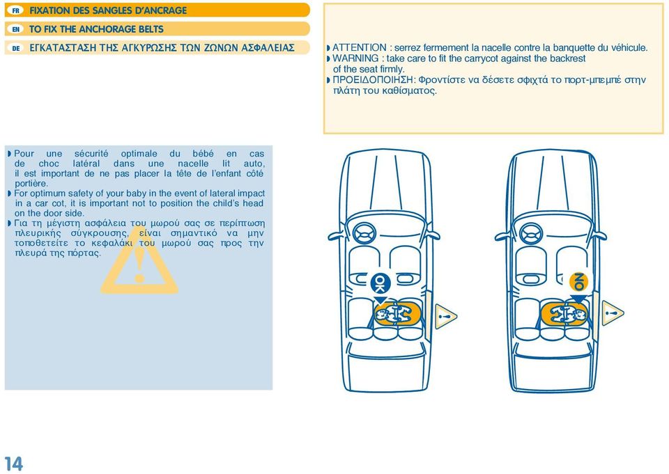 w Pour une sécurité optimale du bébé en cas de choc latéral dans une nacelle lit auto, il est important de ne pas placer la tête de l enfant côté portière.