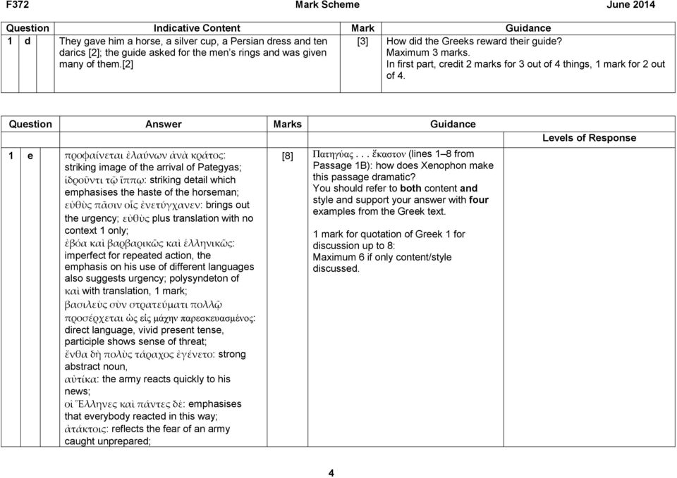Question Answer Marks Guidance 1 e προφαίνεται ἐλαύνων ἀνὰ κράτος: striking image of the arrival of Pategyas; ἱδροῦντι τῷ ἵππῳ: striking detail which emphasises the haste of the horseman; εὐθὺς πᾶσιν