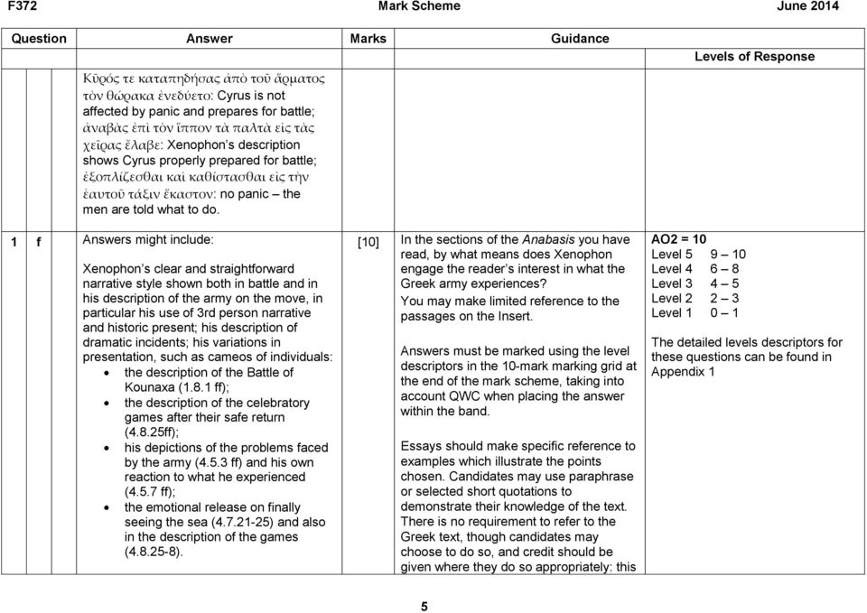 Levels of Response 1 f Answers might include: Xenophon s clear and straightforward narrative style shown both in battle and in his description of the army on the move, in particular his use of 3rd