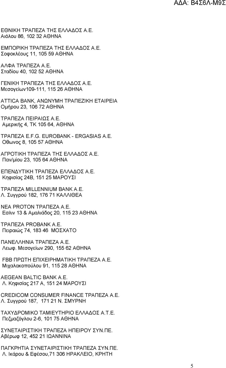 Ε. Λ. Συγγρού 182, 176 71 ΚΑΛΛΙΘΕΑ ΝΕΑ PROTON ΤΡΑΠΕΖΑ Α.Ε. Εσλιν 13 & Αμαλιάδος 20, 115 23 ΑΘΗΝΑ ΤΡΑΠΕΖΑ PROBANK A.E. Πειραιώς 74, 183 46 ΜΟΣΧΑΤΟ ΠΑΝΕΛΛΗΝΙΑ ΤΡΑΠΕΖΑ Α.Ε. Λεωφ.