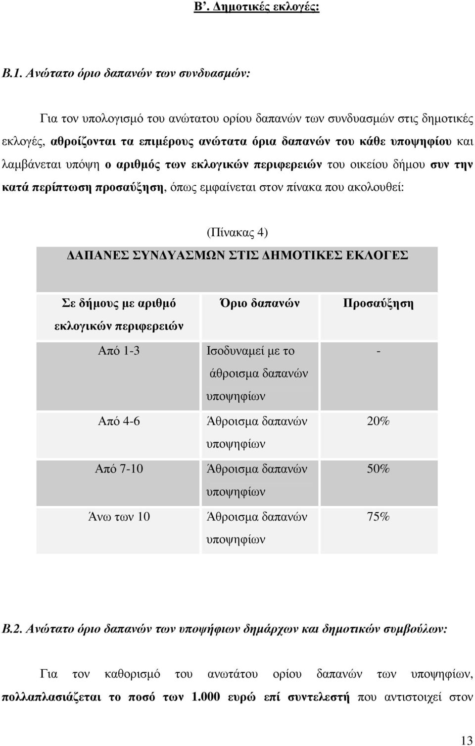 λαµβάνεται υπόψη ο αριθµός των εκλογικών περιφερειών του οικείου δήµου συν την κατά περίπτωση προσαύξηση, όπως εµφαίνεται στον πίνακα που ακολουθεί: (Πίνακας 4) ΑΠΑΝΕΣ ΣΥΝ ΥΑΣΜΩΝ ΣΤΙΣ ΗΜΟΤΙΚΕΣ