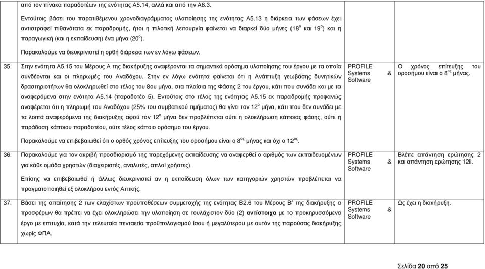 Παρακαλούµε να διευκρινιστεί η ορθή διάρκεια των εν λόγω φάσεων. 35. Στην ενότητα Α5.