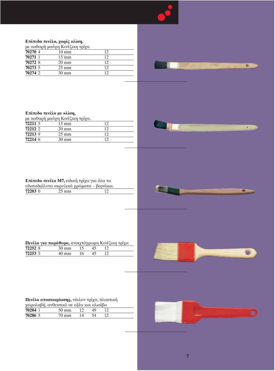 72211 5 15 mm 12 72212 2 20 mm 12 72213 9 25 mm 12 72214 6 30 mm 12 Επίπεδο πινέλο Μ7, ειδική τρίχα για όλα τα υδατοδιάλυτα ακρυλικά χρώματα βερνίκια.