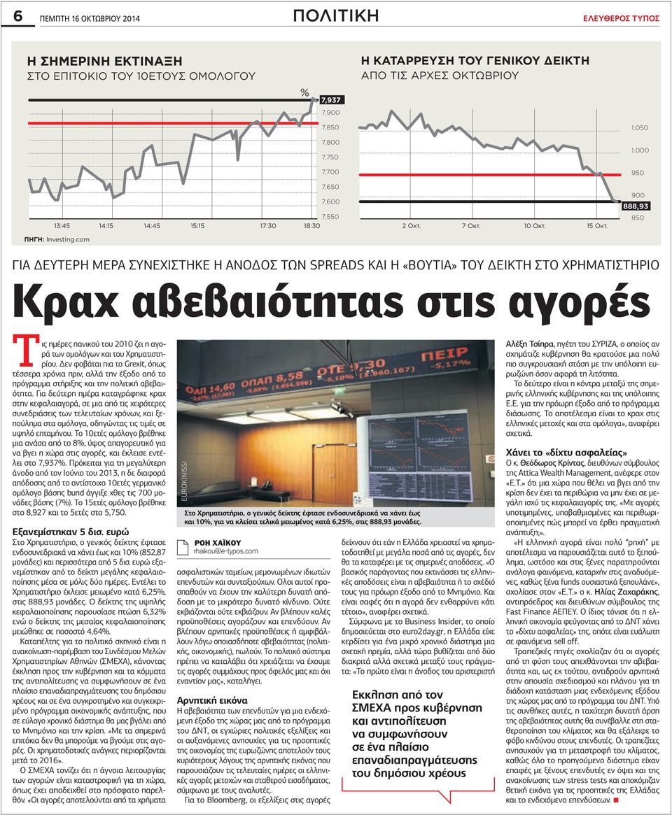 com ΓΙΑ ΔΕΥΤΕΡΗ ΜΕΡΑ ΣΥΝΕΧΙΣΤΗΚΕ Η ΑΝΟΔΟΣ ΤΩΝ SPREADS ΚΑΙ Η «ΒΟΥΤΙΑ» ΤΟΥ ΔΕΙΚΤΗ ΣΤΟ ΧΡΗΜΑΤΙΣΤΗΡΙΟ Κραχ αβεβαιότητας στις αγορές Τις ημέρες πανικού του 2010 ζει η αγορά των ομολόγων και του