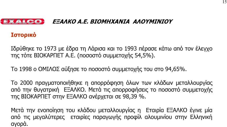 Το 2000 πραγµατοποιήθηκε η απορρόφηση όλων των κλάδων µεταλλουργίας από την θυγατρική ΕΞΑΛΚΟ.