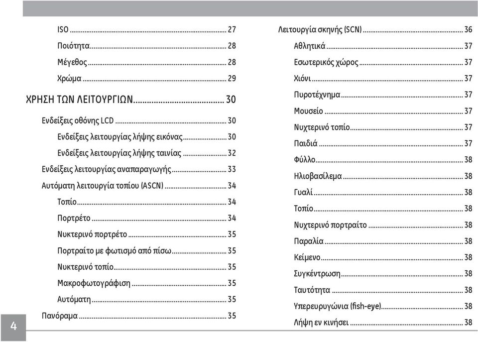 .. 35 Μακροφωτογράφιση... 35 Αυτόματη... 35 Πανόραμα... 35 Λειτουργία σκηνής (SCN)... 36 Αθλητικά... 37 Εσωτερικός χώρος... 37 Χιόνι... 37 Πυροτέχνημα... 37 Μουσείο... 37 Νυχτερινό τοπίο.