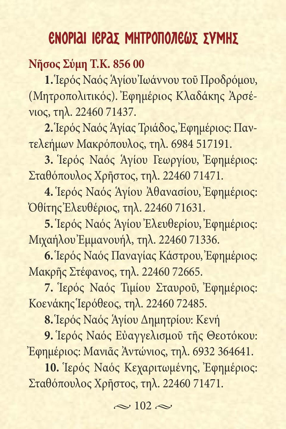 Ἱερός Ναός Ἁγίου Ἀθανασίου, Ἐφημέριος: Ὀθίτης Ἐλευθέριος, τηλ. 22460 763. 5. Ἱερός Ναός Ἁγίου Ἐλευθερίου, Ἐφημέριος: Μιχαήλου Ἐμμανουήλ, τηλ. 22460 7336. 6.