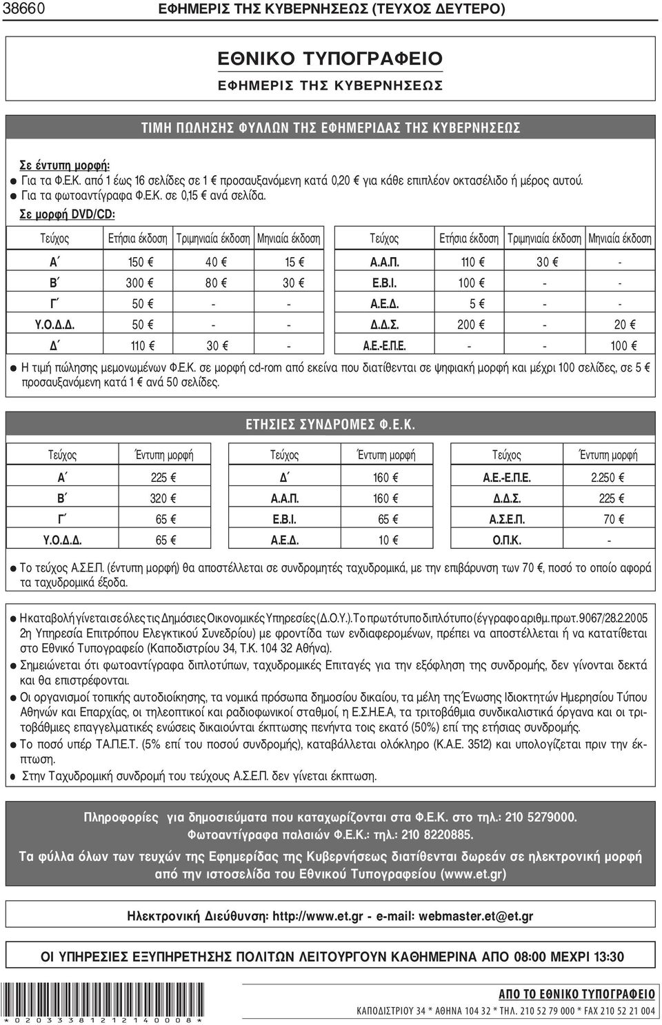 110 30 - Β 300 80 30 Ε.Β.Ι. 100 - Γ 50 Α.Ε.Δ. 5 - Υ.Ο.Δ.Δ. 50 Δ.Δ.Σ. 200 20 Δ 110 30 Α.Ε. Ε.Π.Ε. 100 Η τιμή πώλησης μεμονωμένων Φ.Ε.Κ.