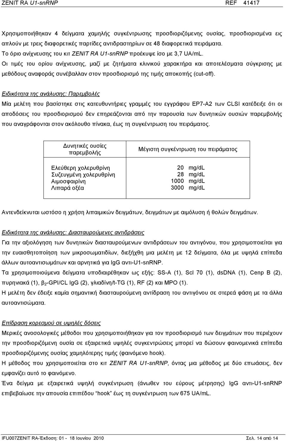 Oι τιµές του ορίου ανίχνευσης, µαζί µε ζητήµατα κλινικού χαρακτήρα και αποτελέσµατα σύγκρισης µε µεθόδους αναφοράς συνέβαλλαν στον προσδιορισµό της τιµής αποκοπής (cut-off).