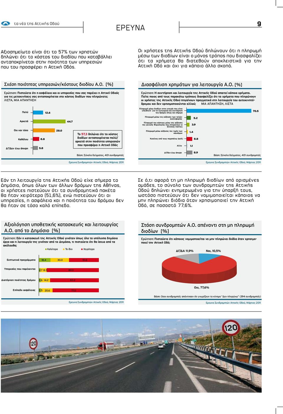 Σχέση ποιότητας υπηρεσιών/κόστους διοδίου Α.Ο.