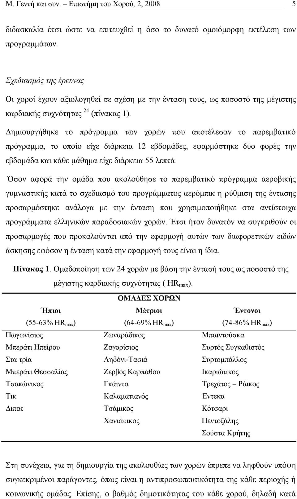 Δημιουργήθηκε το πρόγραμμα των χορών που αποτέλεσαν το παρεμβατικό πρόγραμμα, το οποίο είχε διάρκεια 12 εβδομάδες, εφαρμόστηκε δύο φορές την εβδομάδα και κάθε μάθημα είχε διάρκεια 55 λεπτά.