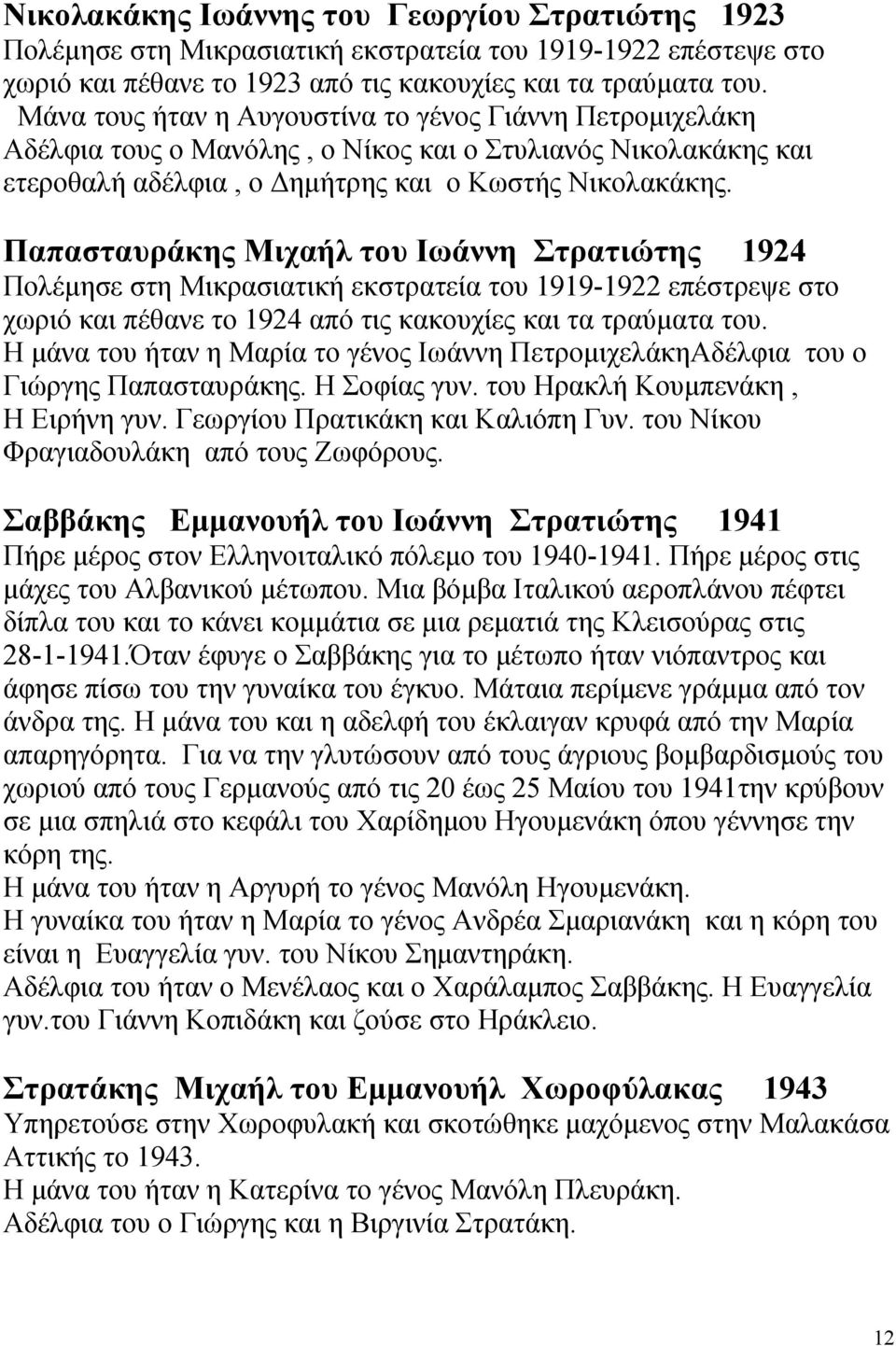 Παπασταυράκης Μιχαήλ του Ιωάννη Στρατιώτης 1924 Πολέμησε στη Μικρασιατική εκστρατεία του 1919-1922 επέστρεψε στο χωριό και πέθανε το 1924 από τις κακουχίες και τα τραύματα του.