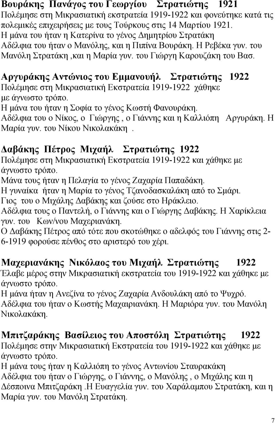 Αργυράκης Αντώνιος του Εμμανουήλ Στρατιώτης 1922 Πολέμησε στη Μικρασιατική Εκστρατεία 1919-1922 χάθηκε με άγνωστο τρόπο. Η μάνα του ήταν η Σοφία το γένος Κωστή Φανουράκη.