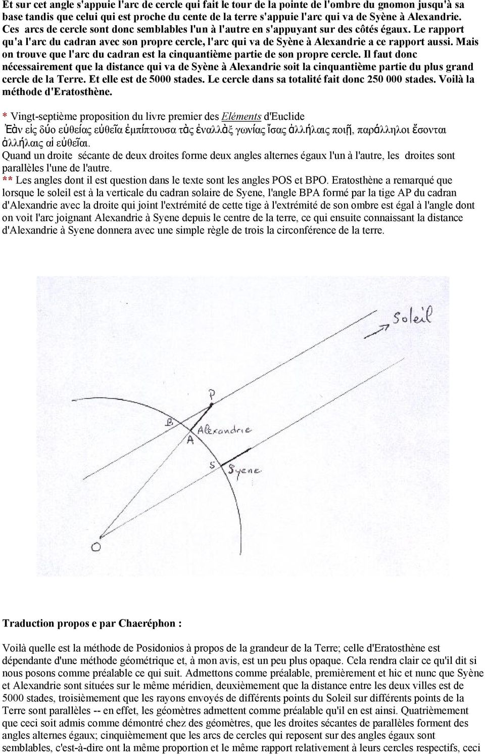 Le rapport qu'a l'arc du cadran avec son propre cercle, l'arc qui va de Syène à Alexandrie a ce rapport aussi. Mais on trouve que l'arc du cadran est la cinquantième partie de son propre cercle.