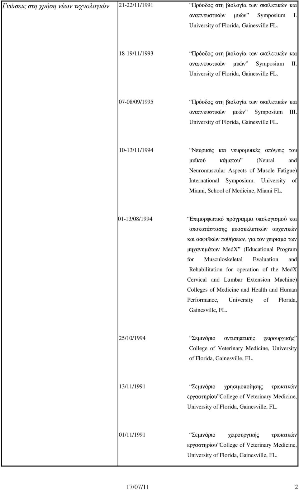07-08/09/1995 Πρόοδος στη βιολογία των σκελετικών και αναπνευστικών µυών Symposium III. University of Florida, Gainesville FL.