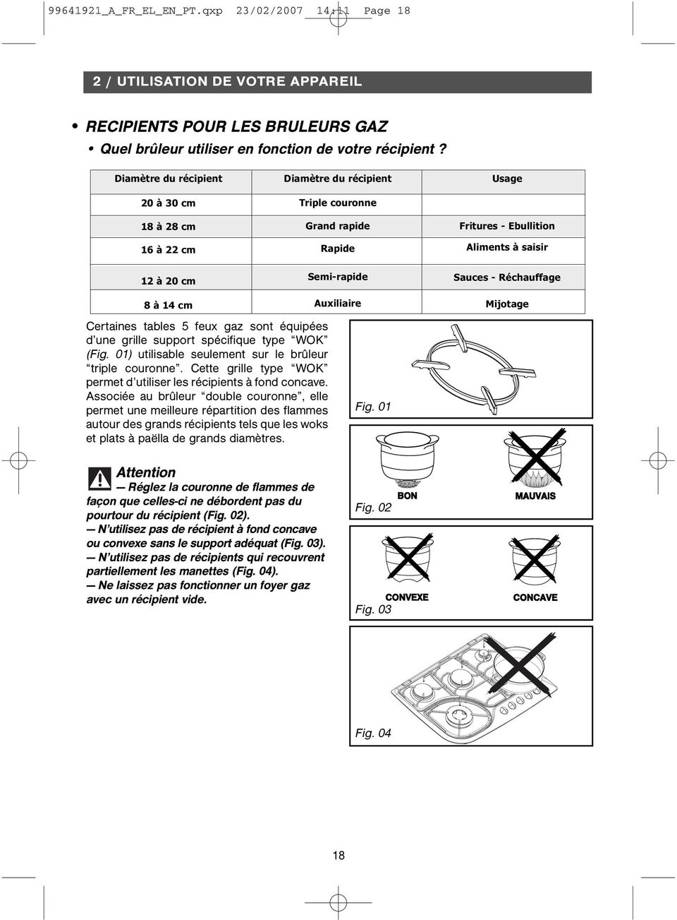 Réchauffage 8 à 14 cm Certaines tables 5 feux gaz sont équipées d une grille support spécifique type WOK (Fig. 01) utilisable seulement sur le brûleur triple couronne.