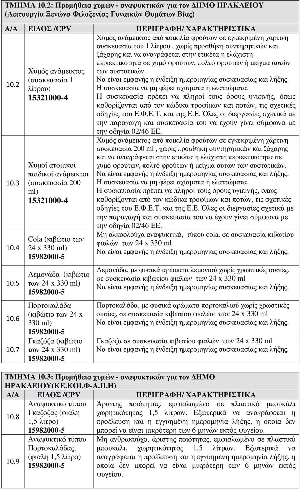 15982000-5 Πορτοκαλάδα (κιβώτιο των 24 x 330 ml) 15982000-5 Γκαζόζα (κιβώτιο των 24 x 330 ml) 15982000-5 Χυµός ανάµεικτος από ποικιλία φρούτων σε εγκεκριµένη χάρτινη συσκευασία του 1 λίτρου, χωρίς