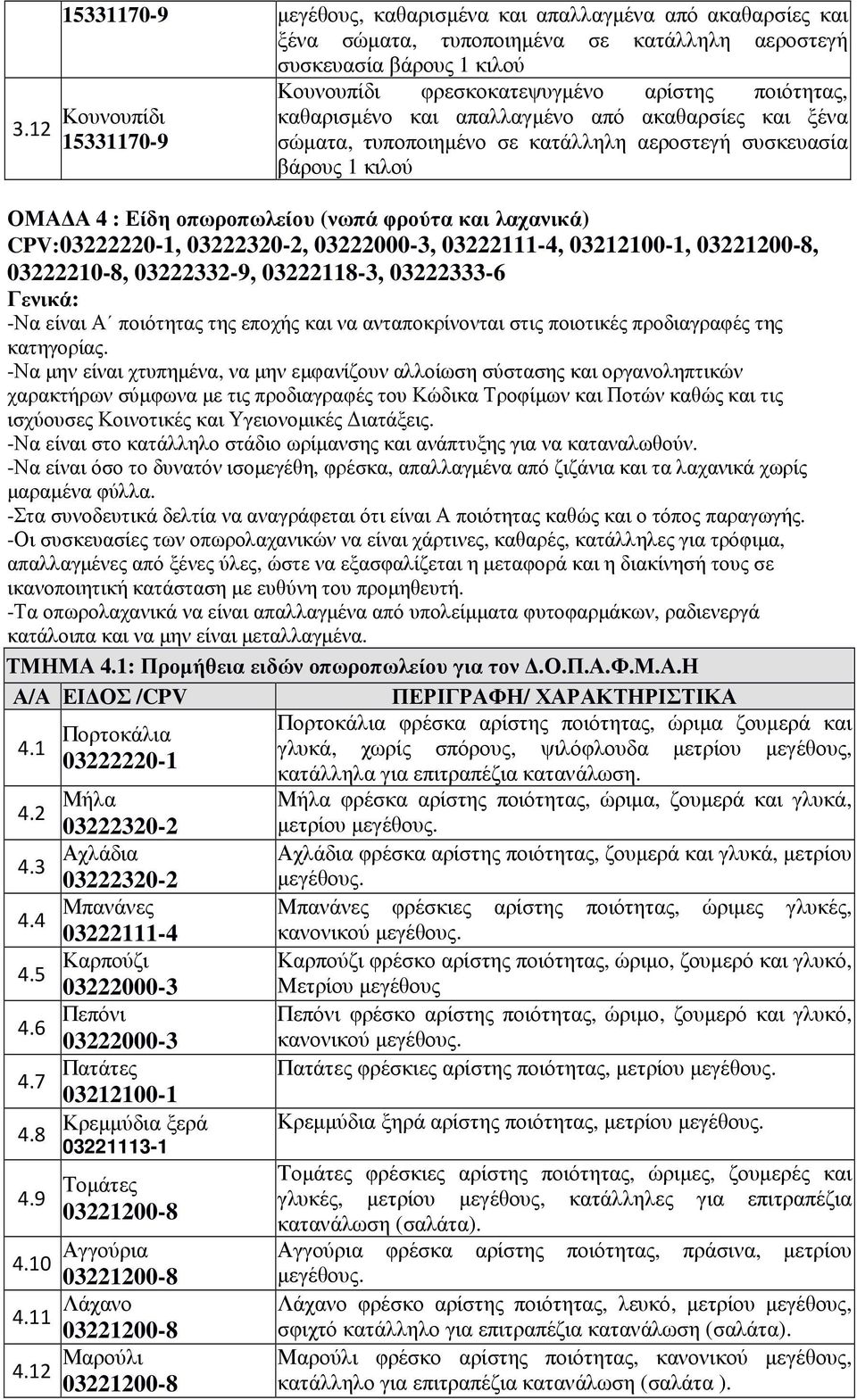 Α 4 : Είδη οπωροπωλείου (νωπά φρούτα και λαχανικά) CPV:03222220-1, 03222320-2, 03222000-3, 03222111-4, 03212100-1,, 03222210-8, 03222332-9, 03222118-3, 03222333-6 Γενικά: -Να είναι Α ποιότητας της