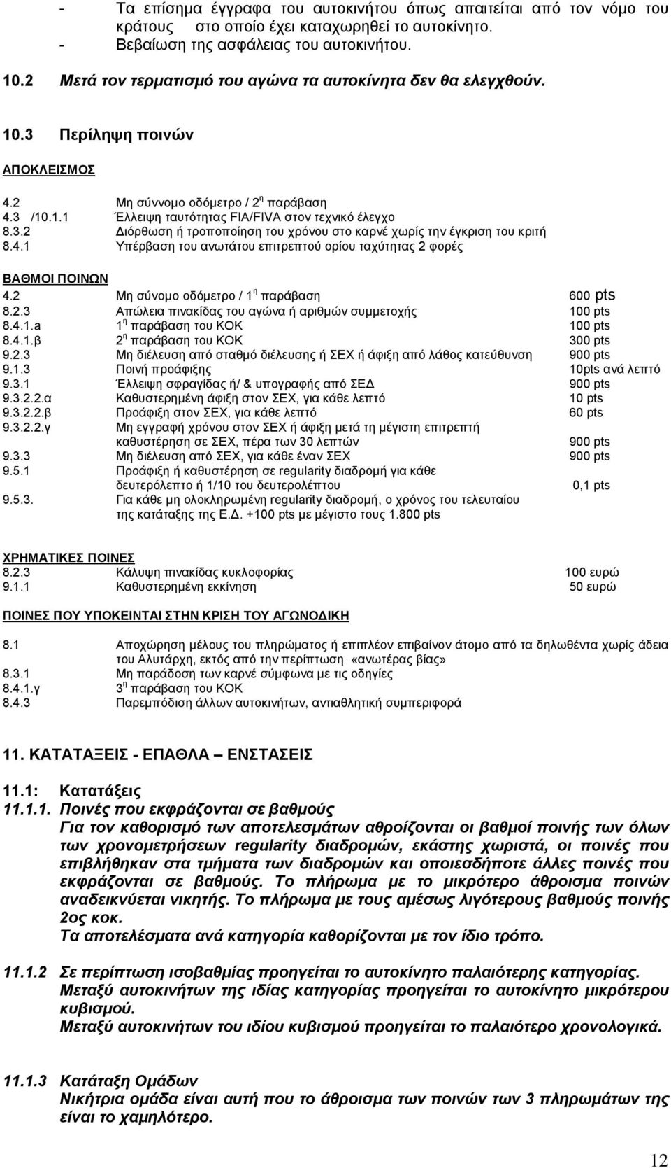 4.1 Υπέρβαση του ανωτάτου επιτρεπτού ορίου ταχύτητας 2 φορές ΒΑΘΜΟΙ ΠΟΙΝΩΝ 4.2 Μη σύνομο οδόμετρο / 1 η παράβαση 600 pts 8.2.3 Απώλεια πινακίδας του αγώνα ή αριθμών συμμετοχής 100 pts 8.4.1.a 1 η παράβαση του ΚΟΚ 100 pts 8.