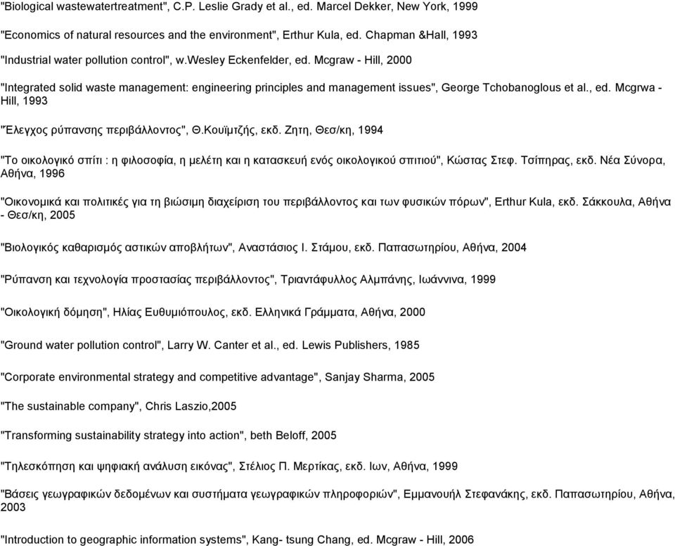 Mcgraw - Hill, 2000 "Integrated solid waste management: engineering principles and management issues", George Tchobanoglous et al., ed. Mcgrwa - Hill, 1993 "Έλεγχος ρύπανσης περιβάλλοντος", Θ.