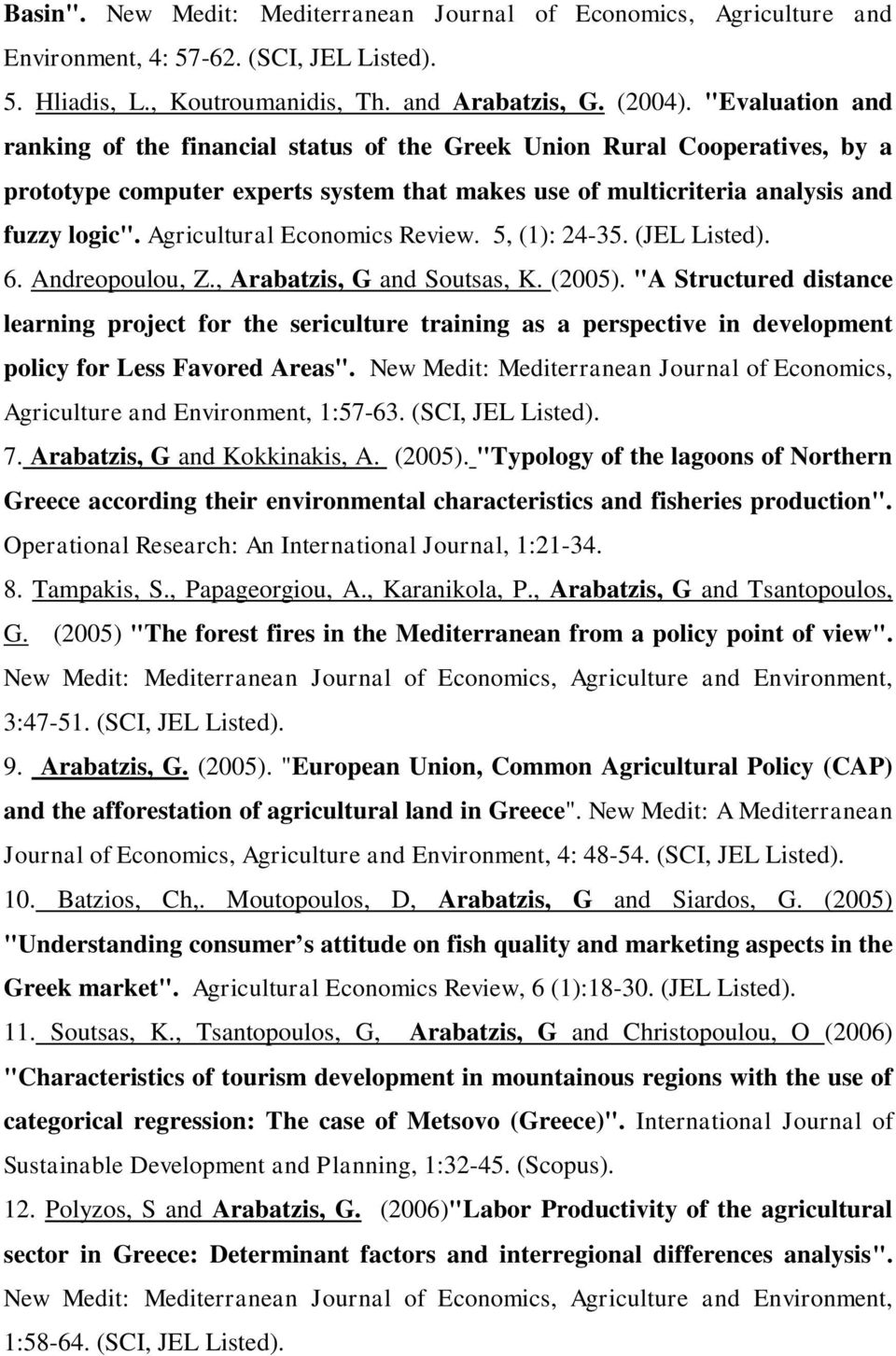 Agricultural Economics Review. 5, (1): 24-35. (JEL Listed). 6. Andreopoulou, Z., Arabatzis, G and Soutsas, K. (2005).