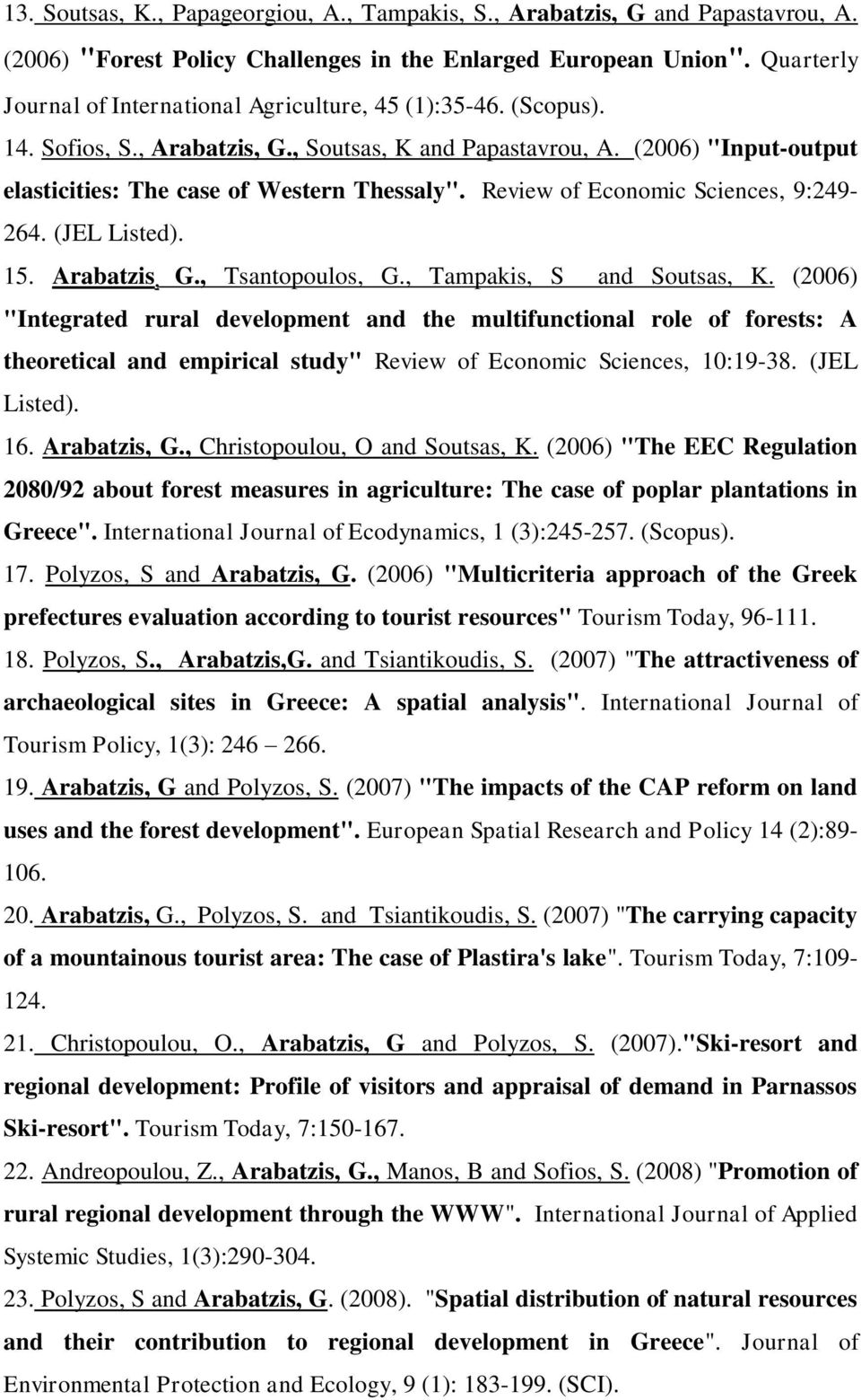 Review of Economic Sciences, 9:249-264. (JEL Listed). 15. Arabatzis, G., Tsantopoulos, G., Tampakis, S and Soutsas, K.