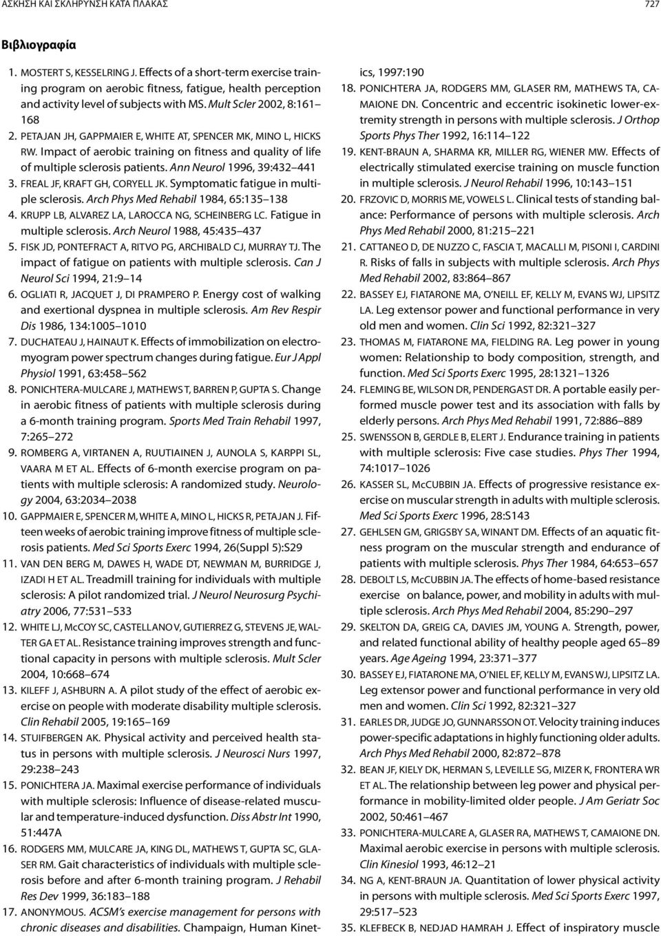 PETAJAN JH, GAPPMAIER E, WHITE AT, SPENCER MK, MINO L, HICKS RW. Impact of aerobic training on fitness and quality of life of multiple sclerosis patients. Ann Neurol 1996, 39:432 441 3.